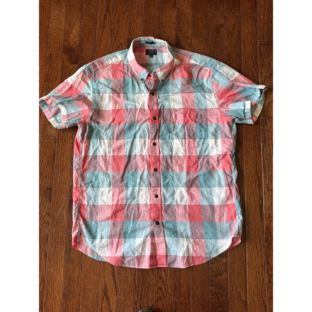J.Crew Mens Slim Fit Cotton Linen Short Sleeve Plaid Button Down Shirt E8666 L